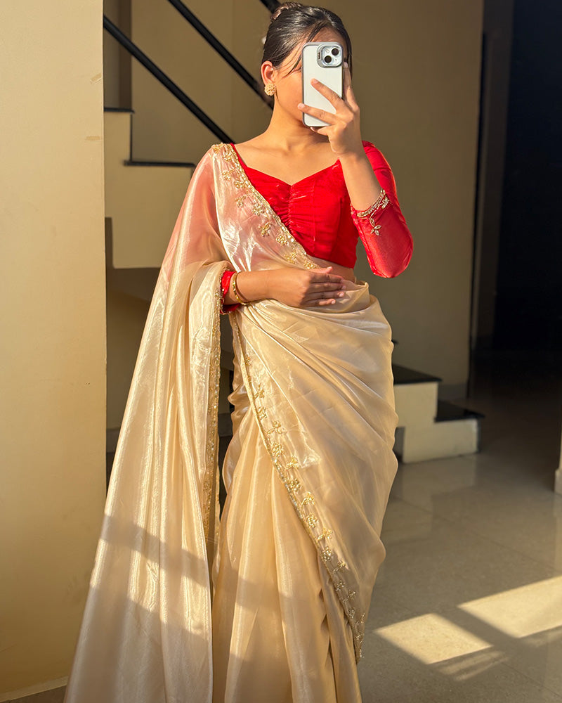 Cream Color Pure Soft Organza Embroidered Saree