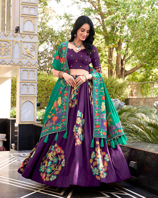 Purple Color Tussar Silk Printed With Foil Work Lehenga Choli