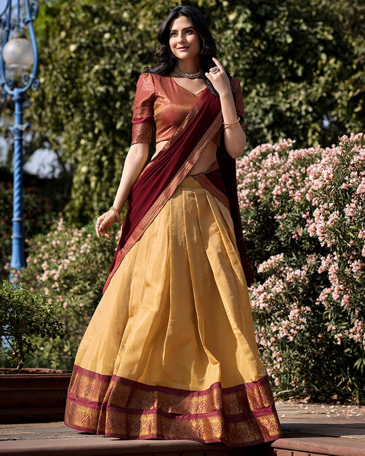 Cream Color Kanchipuram Silk Designer Half Saree