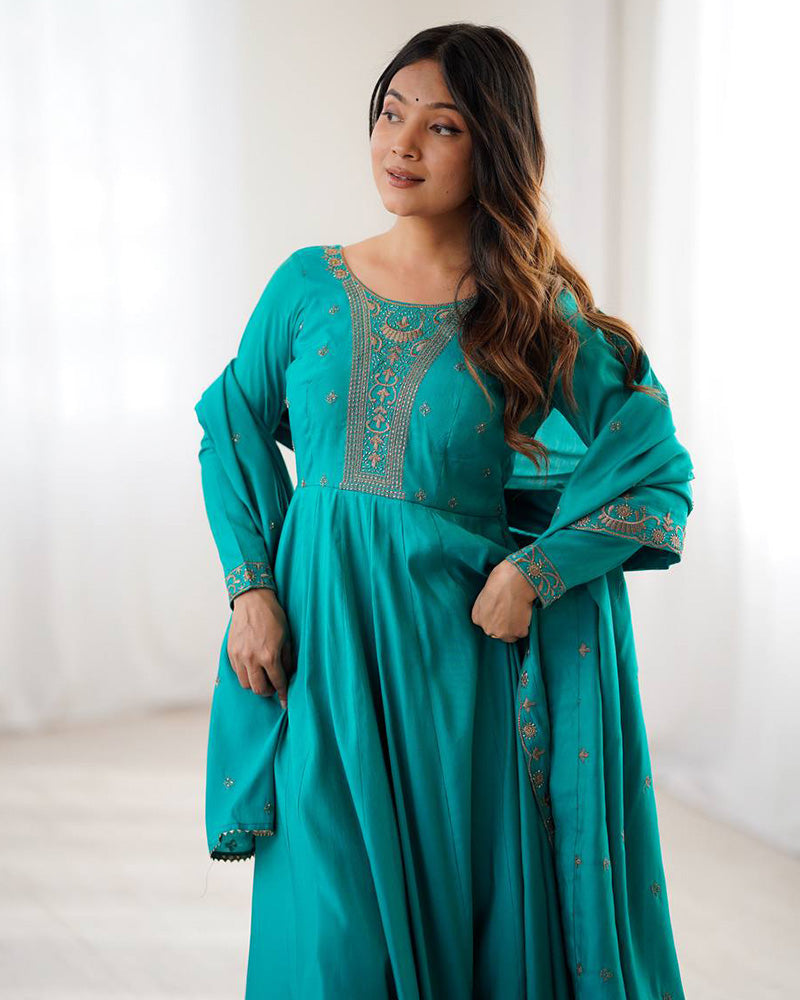 Rama Color Pure Chanderi Silk Three Piece Anarkali Suit