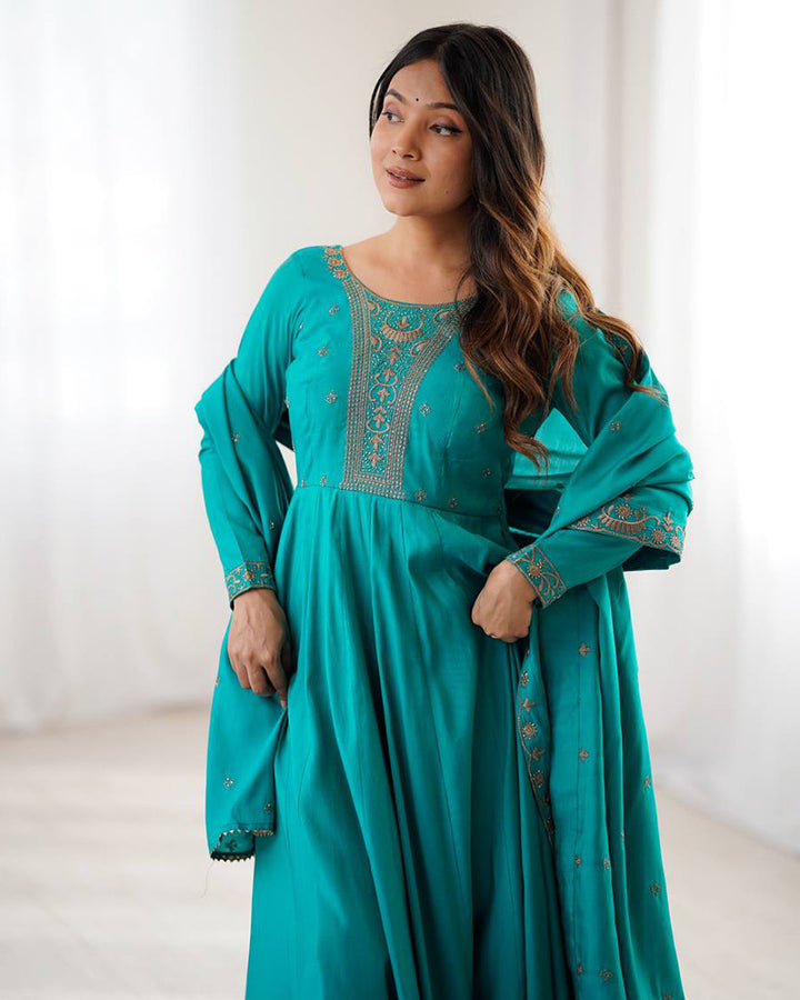 Rama Color Pure Chanderi Silk Three Piece Anarkali Suit