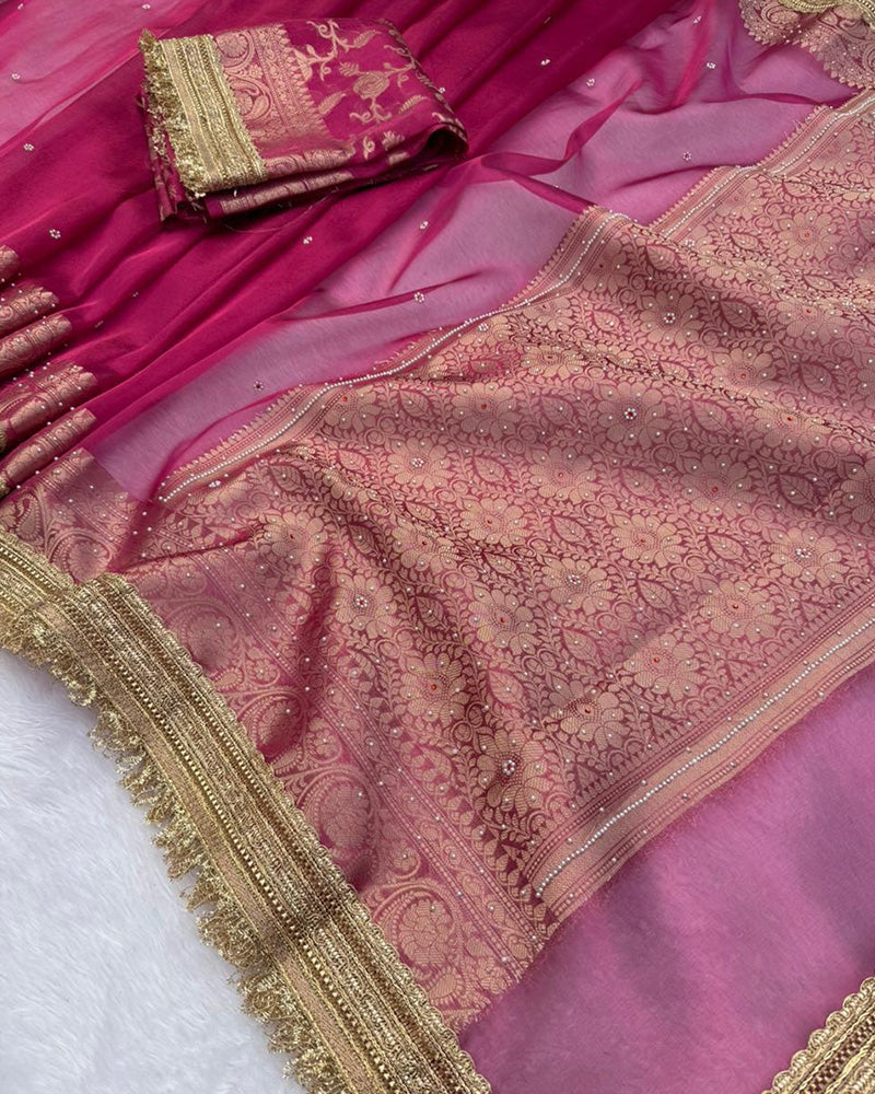 Rani Pink Color Banarasi Tissue Silk Saree