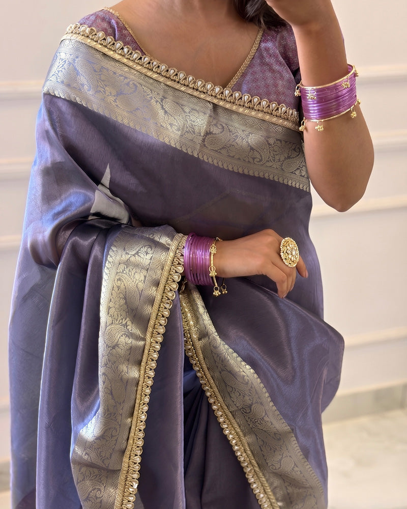 Dusty Blue Color Banarasi Tissue Silk Saree