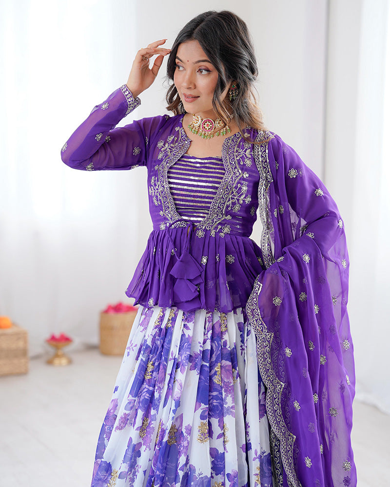 Purple Color Georgette Printed And Embroidered Lehenga Choli
