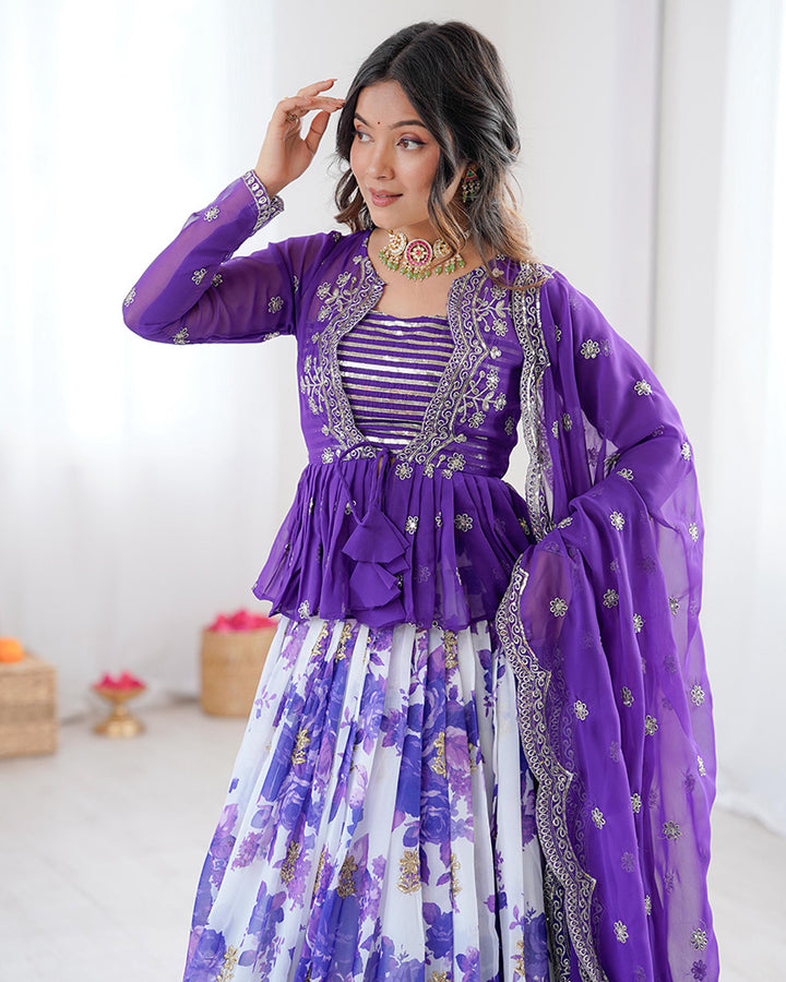 Purple Color Georgette Printed And Embroidered Lehenga Choli