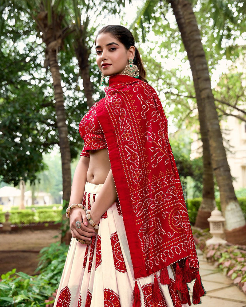 Red Color Tussar Silk Bandhej Printed Lehenga Choli