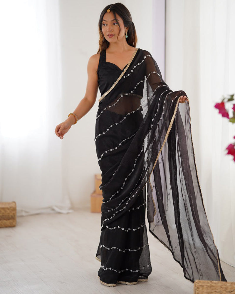 Black Color Smooth Sitara Embroidered Saree