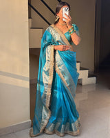 Sky Color Banarasi Tissue Silk Stone Work Saree