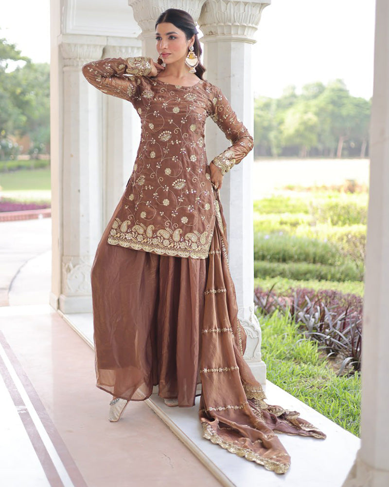 Coffee Color Fendi Silk Embroidered Sharara Suit