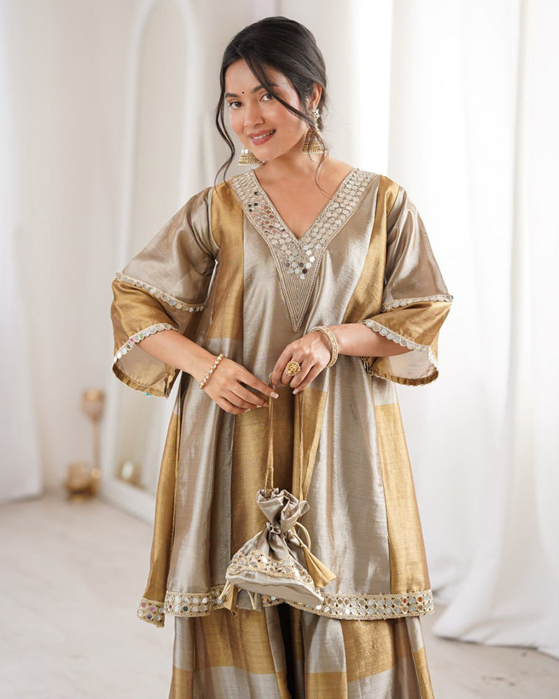 Grey Color Two-Tone Tissue Silk Embroidered Plazzo Suit