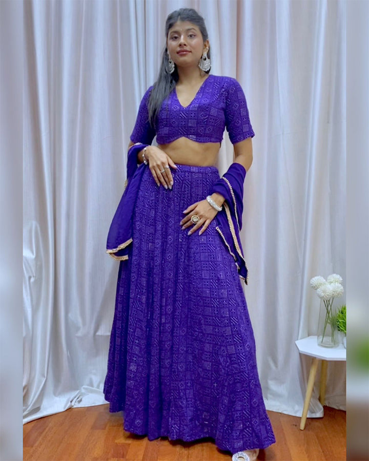 Purple Georgette Lucknowi Semi Stitched Lehenga Choli
