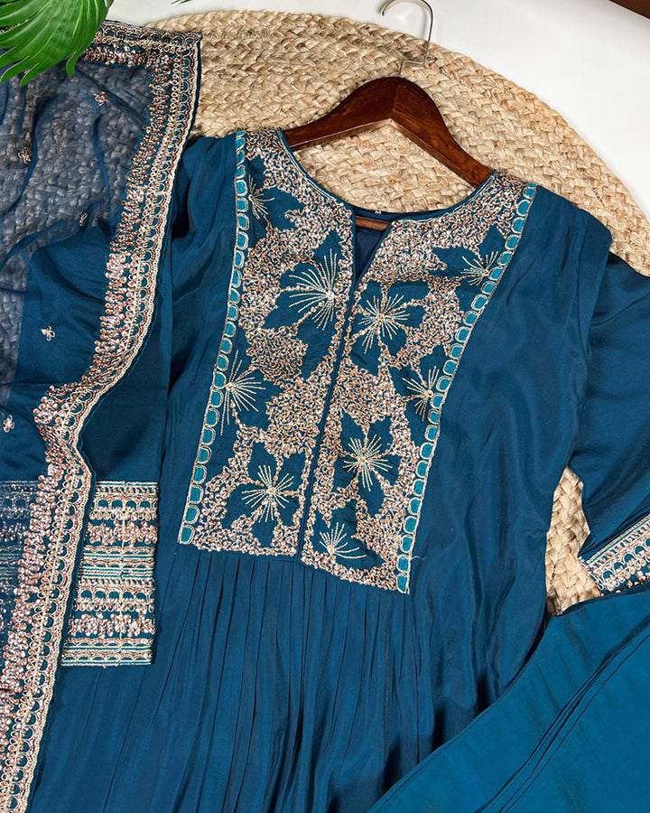 Teal Green Color Roman Silk Three Piece Kurti Suit