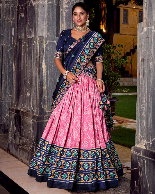 Pink And Navy Blue Ikkat Printed Tasar Silk Lehenga Choli