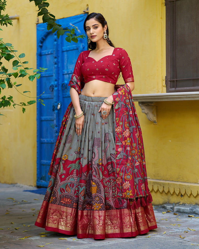 Grey Color Tussar Silk Kalamkari Printed Lehenga Choli