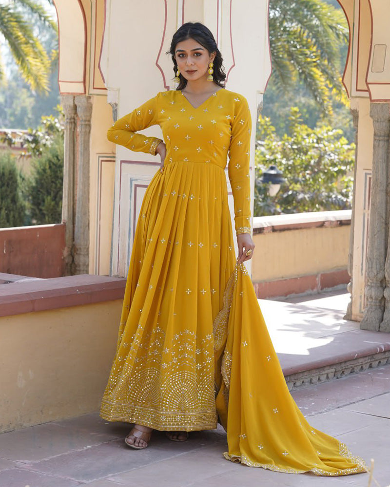 Yellow Color Full Flair Anarkali Gown With Embroidered Dupatta