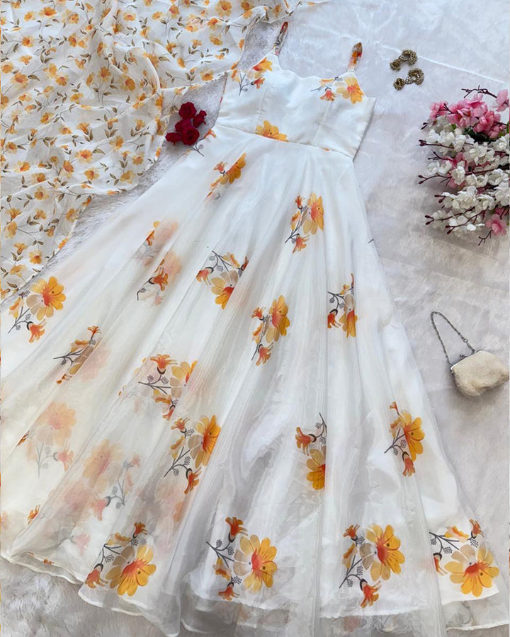 White Color Digital Printed Soft Organza Gown