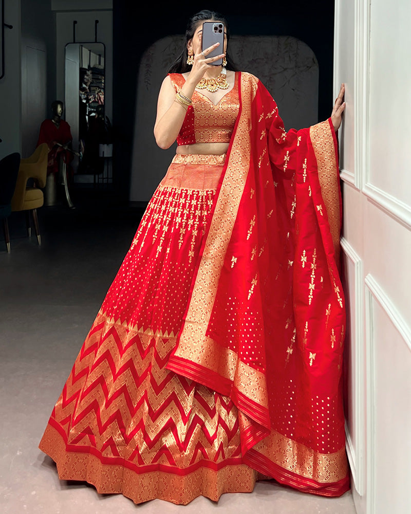 Red Color Banarasi Silk Zari Weaving Lehenga Choli