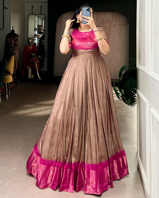 Brown Color Mass Mello Zari Weaving Gown