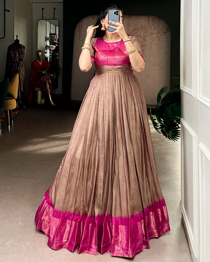 Brown Color Mass Mello Zari Weaving Gown