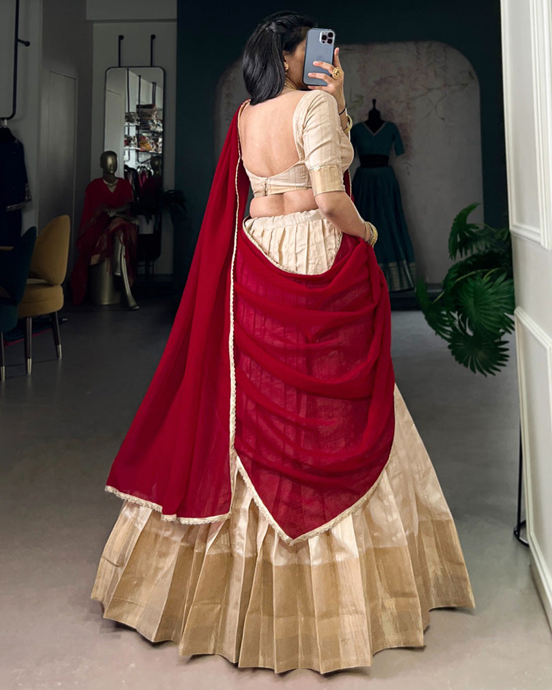 Cream Color Handloom Silk Zari Weaving Half Saree