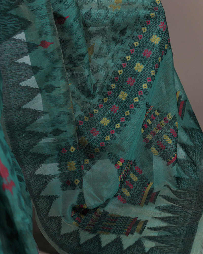 Teal Green Color Thread Weaving Poly Cotton Saree
