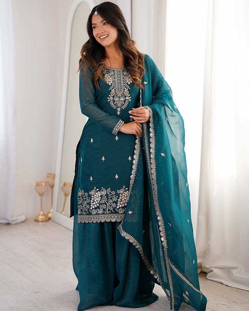 Teal Blue Color Soft Crunchy Silk Embroidered Plazzo Suit