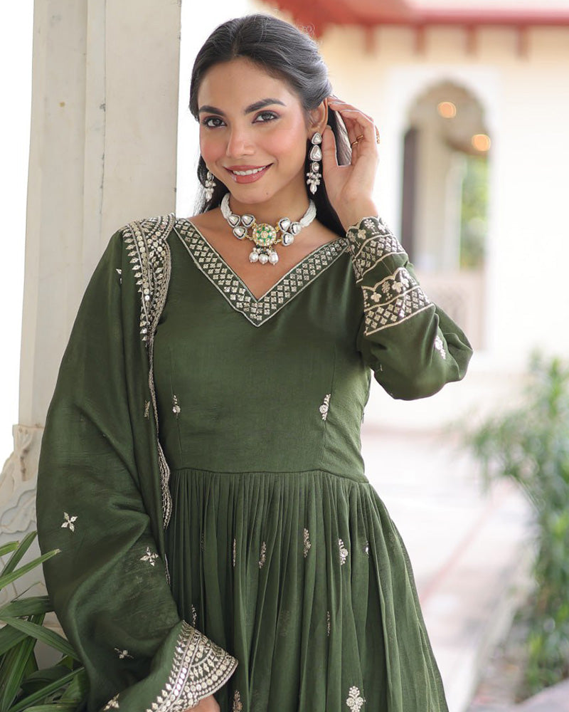 Olive Green Vichitra Silk Sequence Embroidered Gown