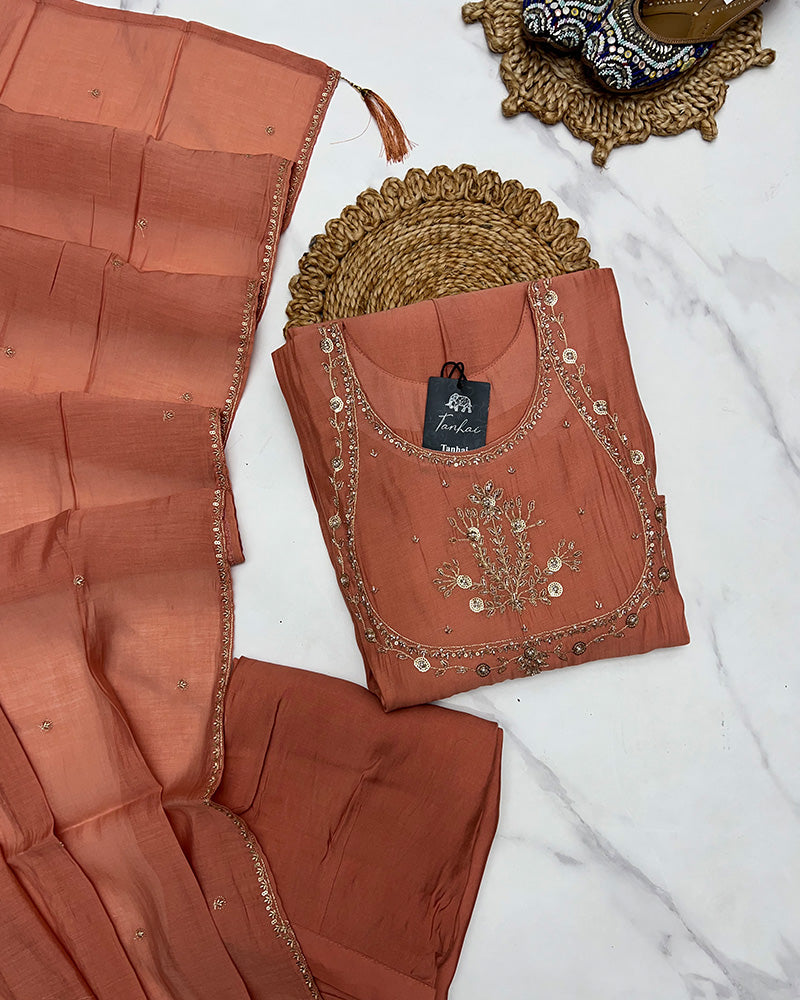 Peach Color Mal Cotton Three Piece Kurti Suit