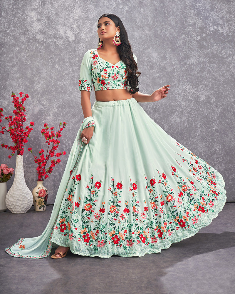 Sea Green Color Embroidered Georgette Semi Stitched Lehenga Choli