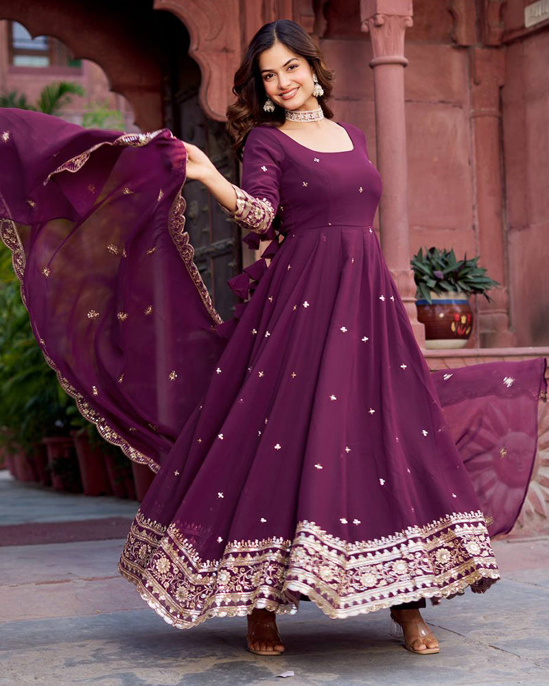 Ethnic Wine Color Georgette Sequence Embroidered Gown