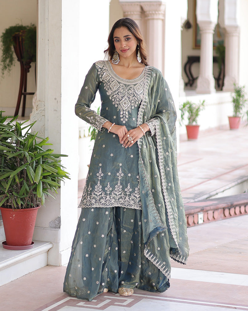 Grey Color Fendi Silk Embroidered Sharara Suit