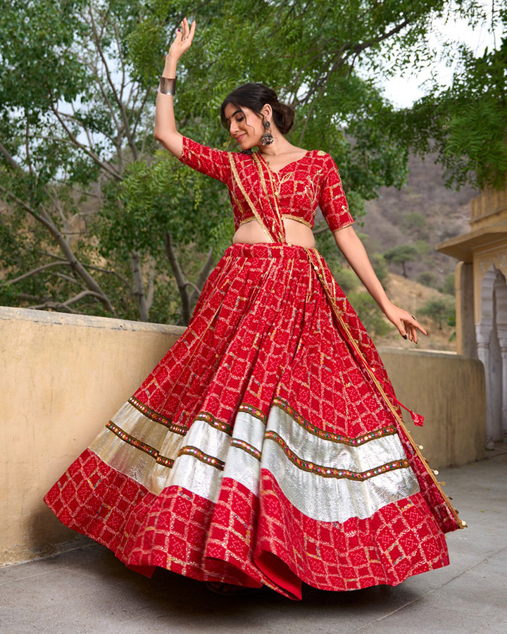 Red Color Rayon Foil Printed Navratri Lehenga Choli