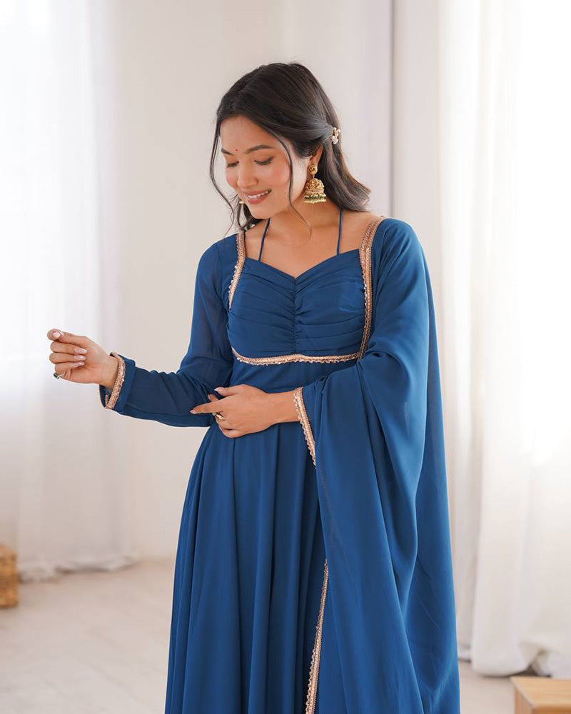 Teal Blue Color Pure Blooming Georgette Anarkali Gown