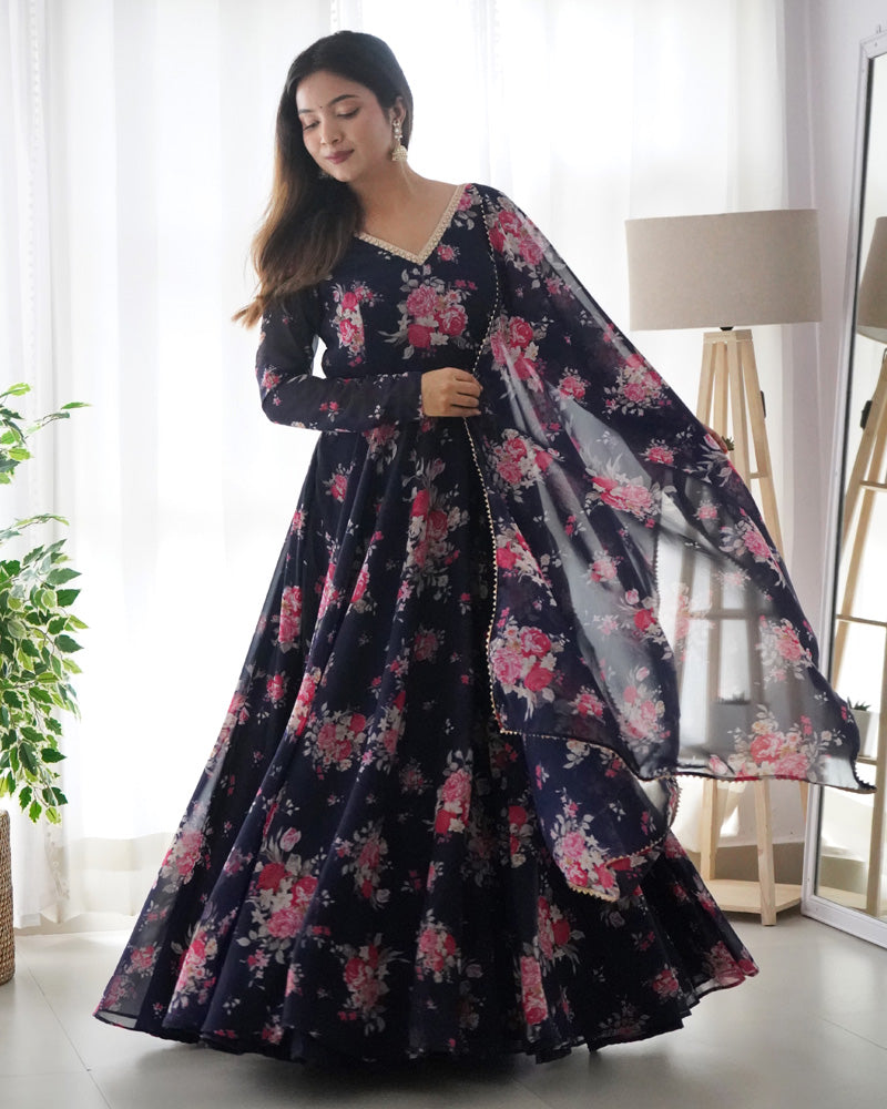 Pure Soft Georgette Wine Color Anarkali Gown With Floral Dupatta
