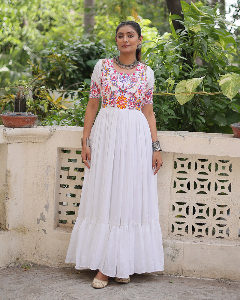 White Color Rayon Kutchi Gamthi Style Navratri Gown