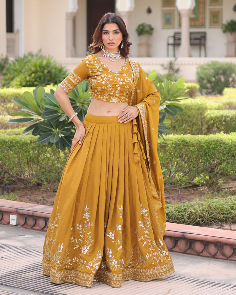 Mustard Gold Color Vichitra Silk Embroidered Lehenga Choli