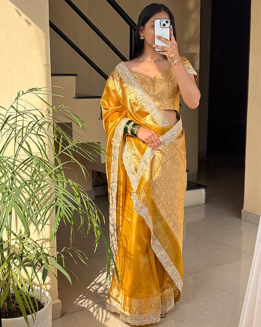 Mustard Color Soft Banarasi Silk Pearl Work Saree