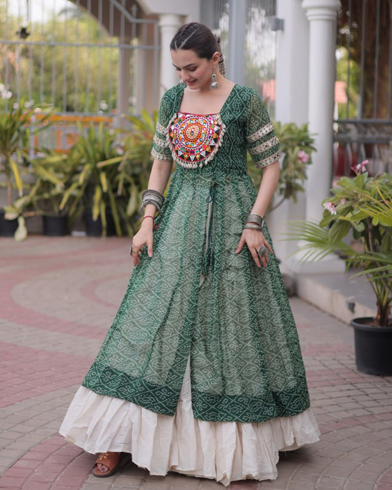 Green  Color Bandhani Printed Kurti With Kora Cotton Lehenga
