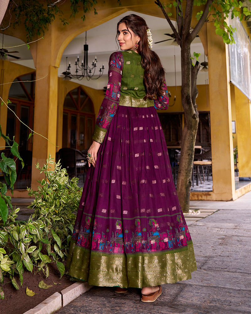 Elegant Wine Color Poly Cotton Gown With koti