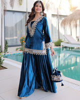 Peacock Blue Color Ice Velvet Embroidered Plazzo Suit