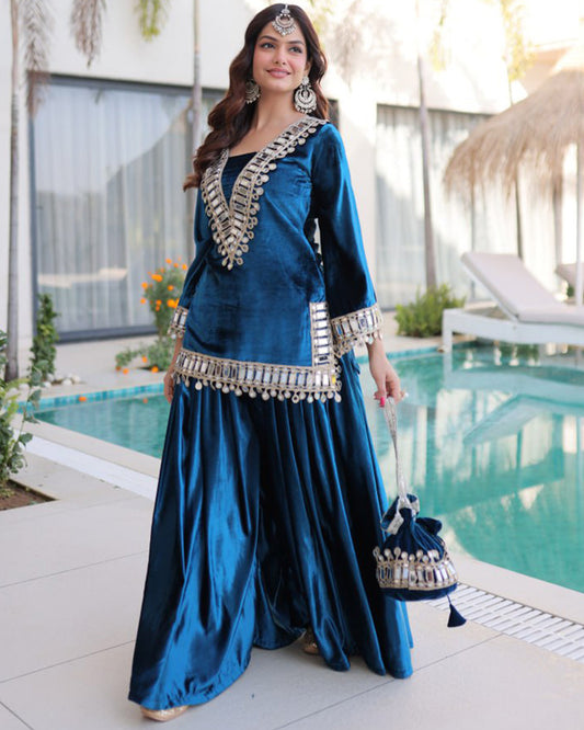 Peacock Blue Color Ice Velvet Embroidered Plazzo Suit