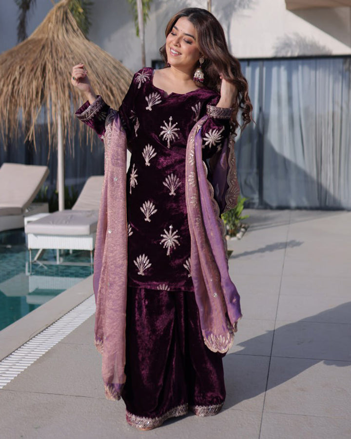Wine Color Ice Velvet Embroidered Plazzo Suit