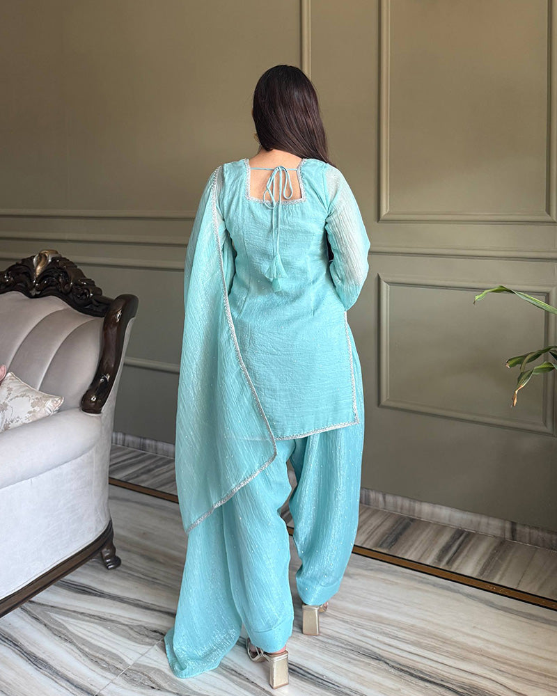 Sky Blue Color Crunchy Silk Farshi Suit