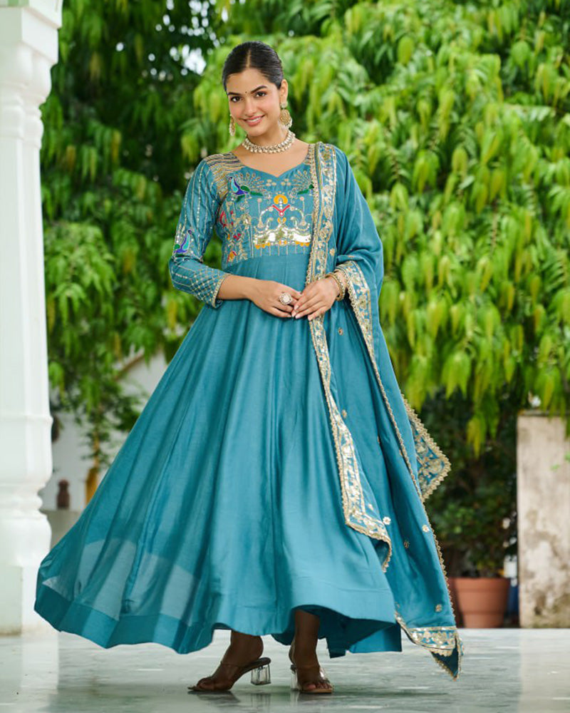 Teal Blue Color Vichitra Silk Sequence Embroidered Gown