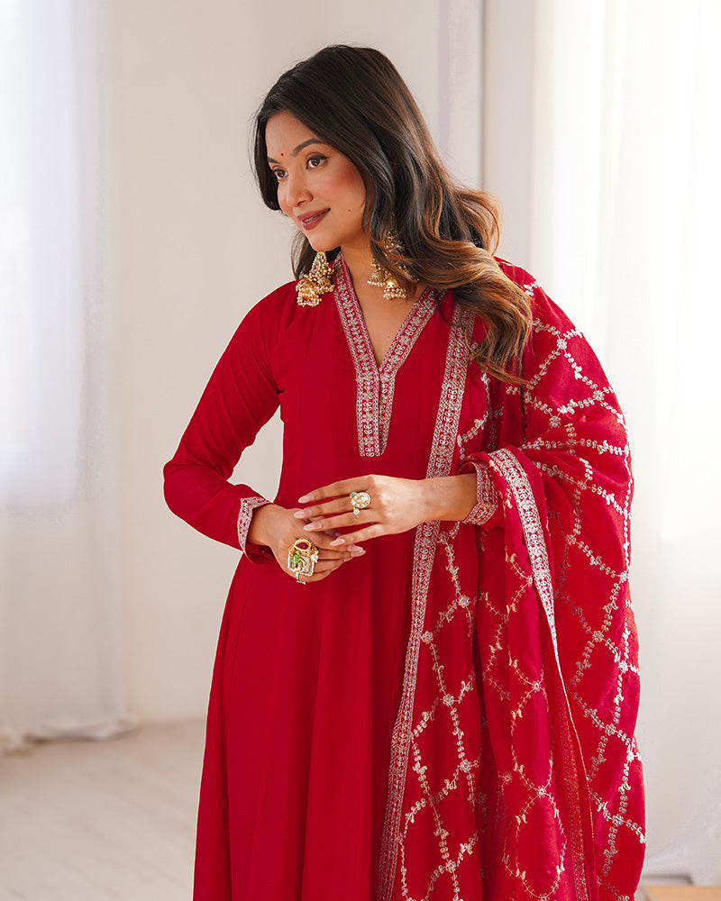 Red Color Vichitra Silk Embroidered Gown