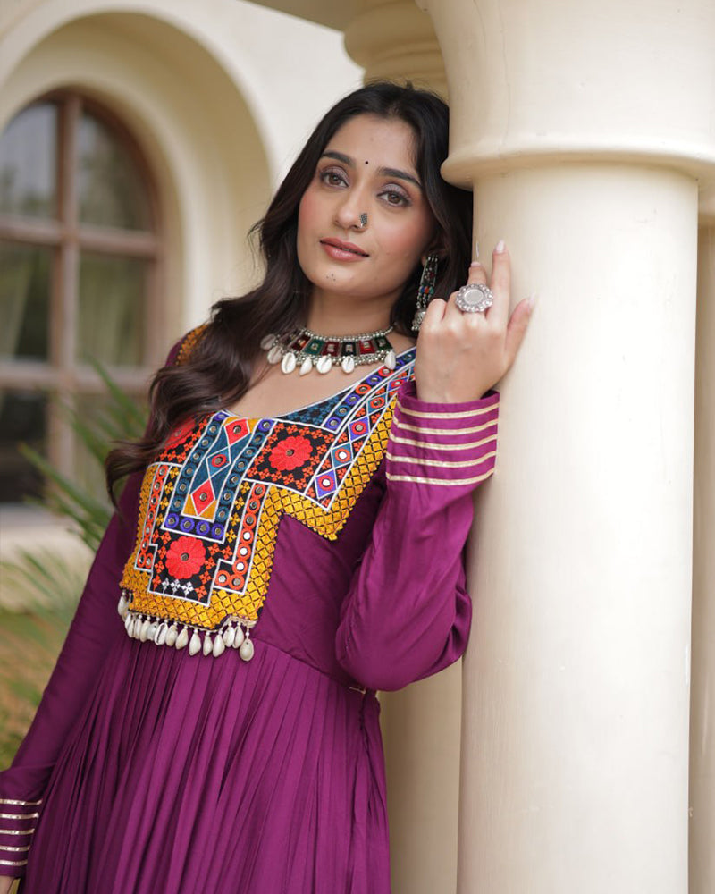 Three Color Rayon With  Kutchi Gamthi Embroidered Navratri Gown