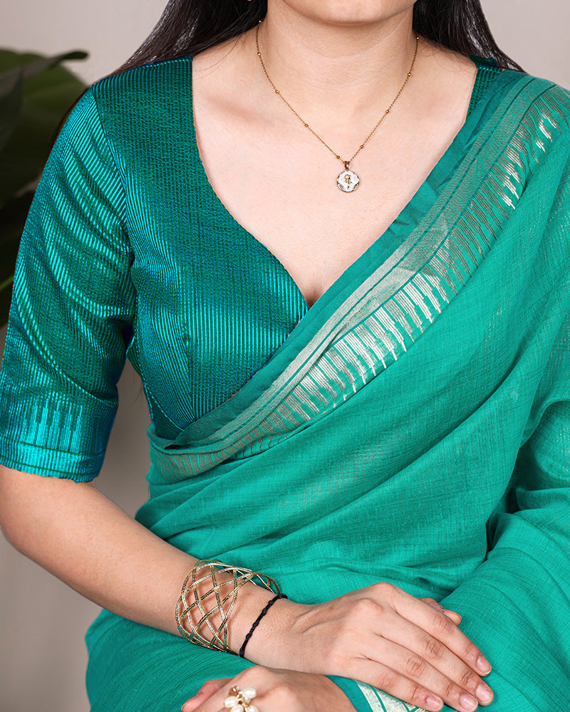 Teal Green Color Cotton Silk Zari Weaving Saree
