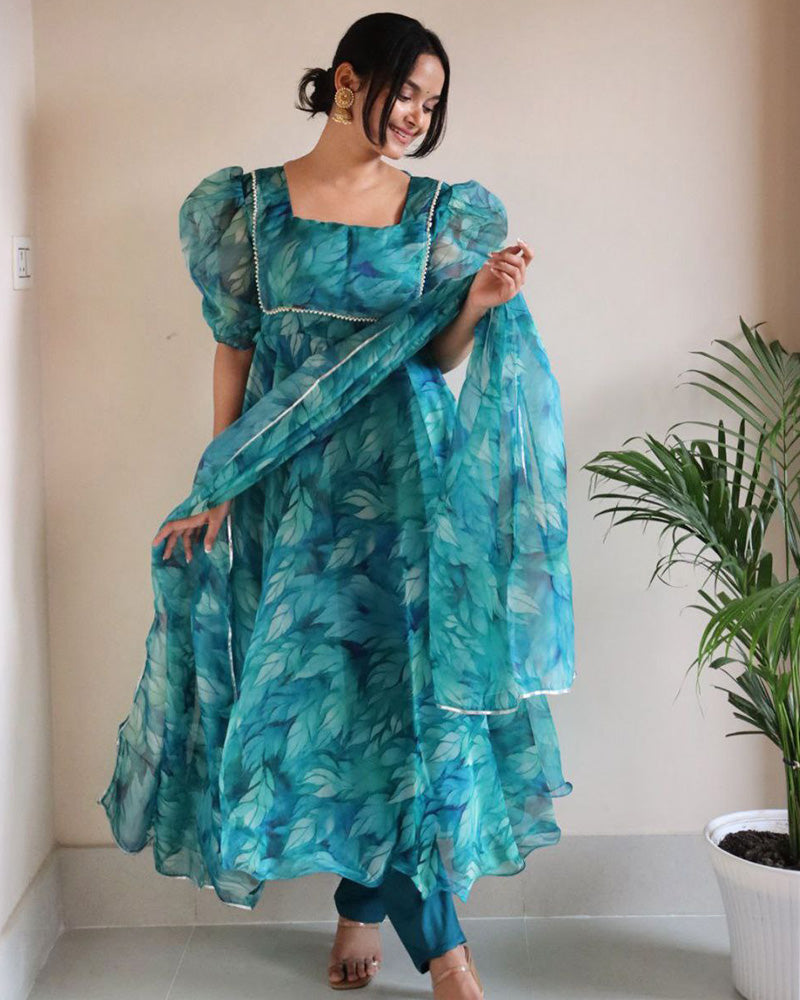 Firozi Color Printed Pure Organza Silk Anarkali Suit