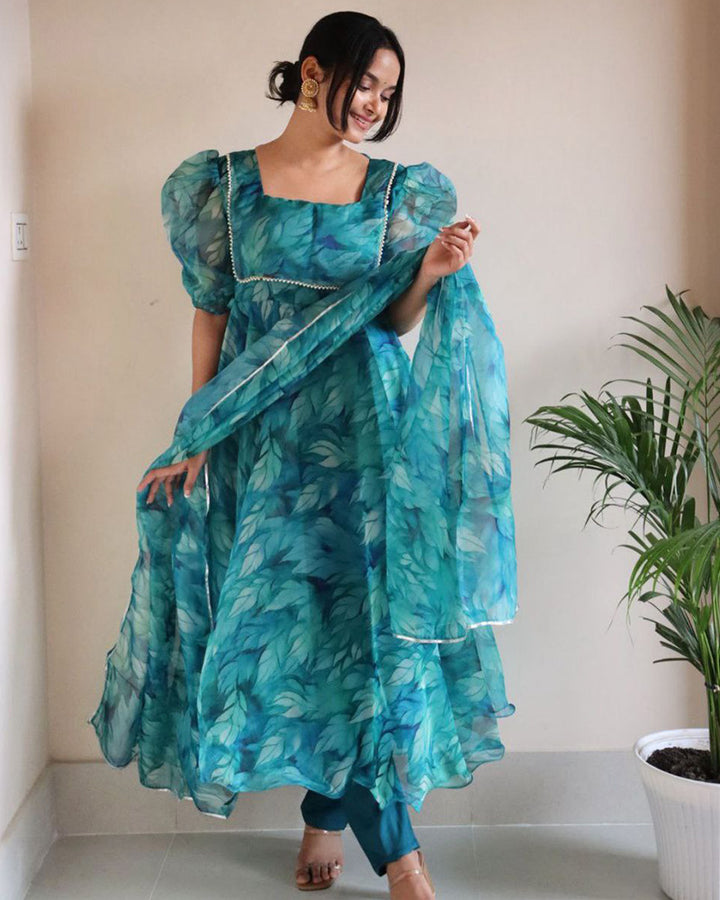 Firozi Color Printed Pure Organza Silk Anarkali Suit