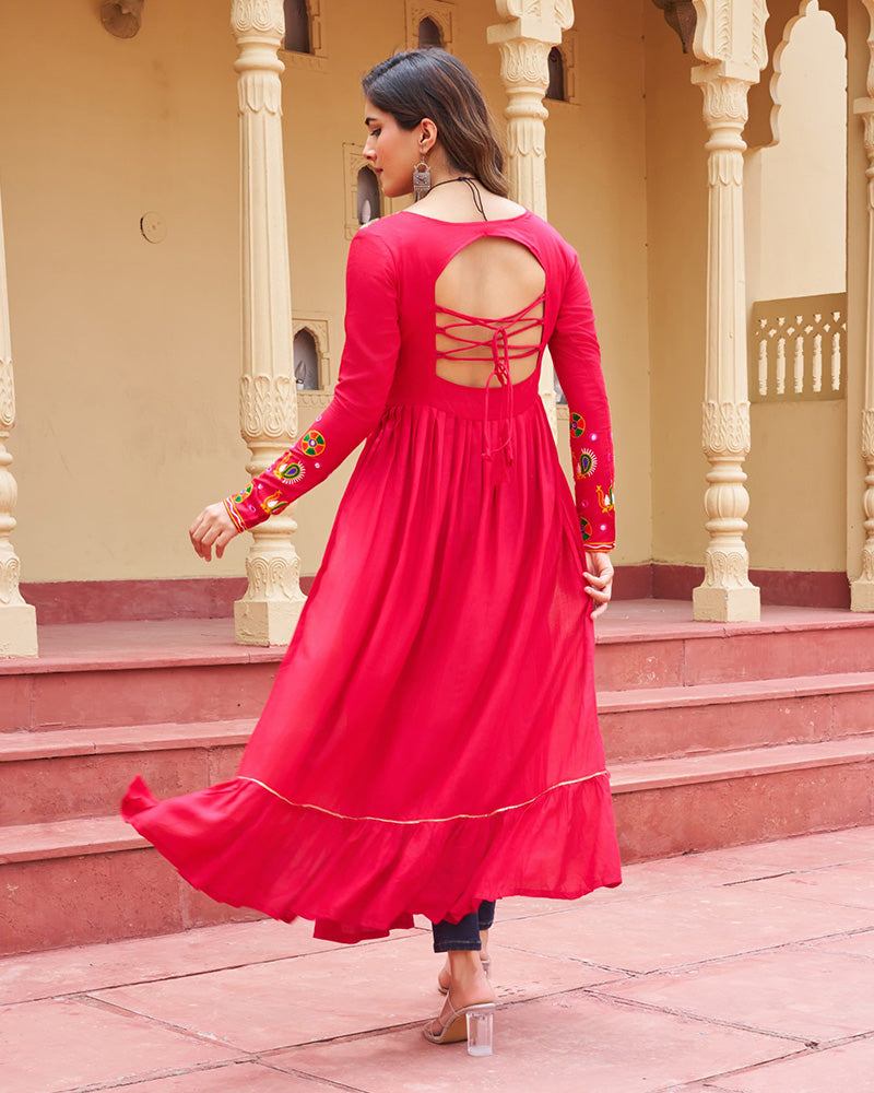 Traditional Pink Pure Rayon Embroidered Navratri Kurti